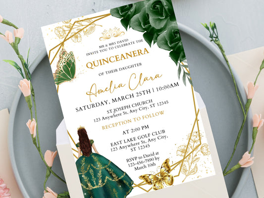 Emerald Green and Gold Quinceanera Invitation Template (Digital Download)