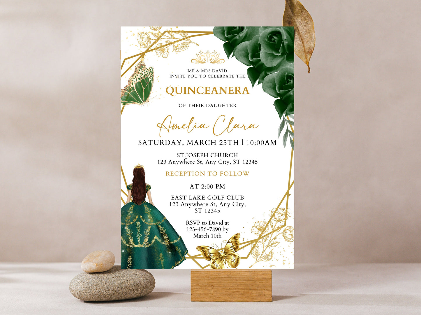 Emerald Green and Gold Quinceanera Invitation Template (Digital Download)