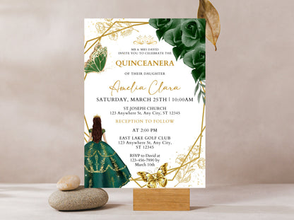 Emerald Green and Gold Quinceanera Invitation Template (Digital Download)