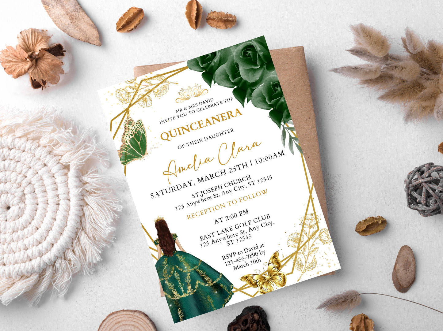 Emerald Green and Gold Quinceanera Invitation Template (Digital Download)