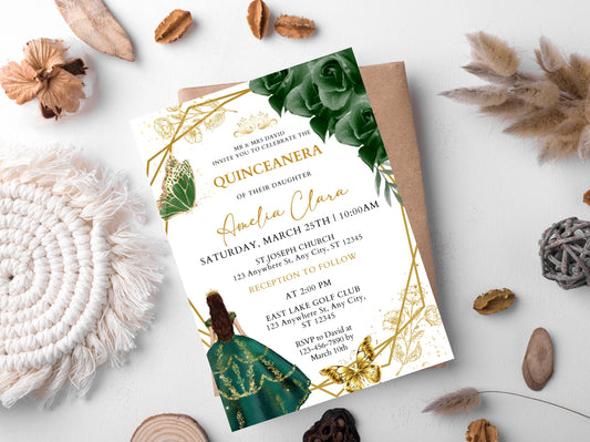 Emerald Green and Gold Quinceanera Invitation Template (Digital Download)