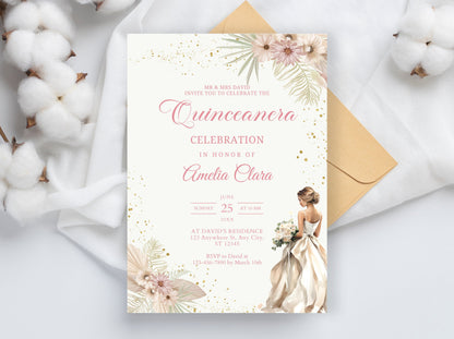 Blush Pink Floral Quinceanera Invitation, Gold Accents (Instant Download)