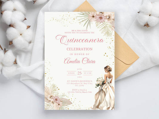 Blush Pink Floral Quinceanera Invitation, Gold Accents (Instant Download)
