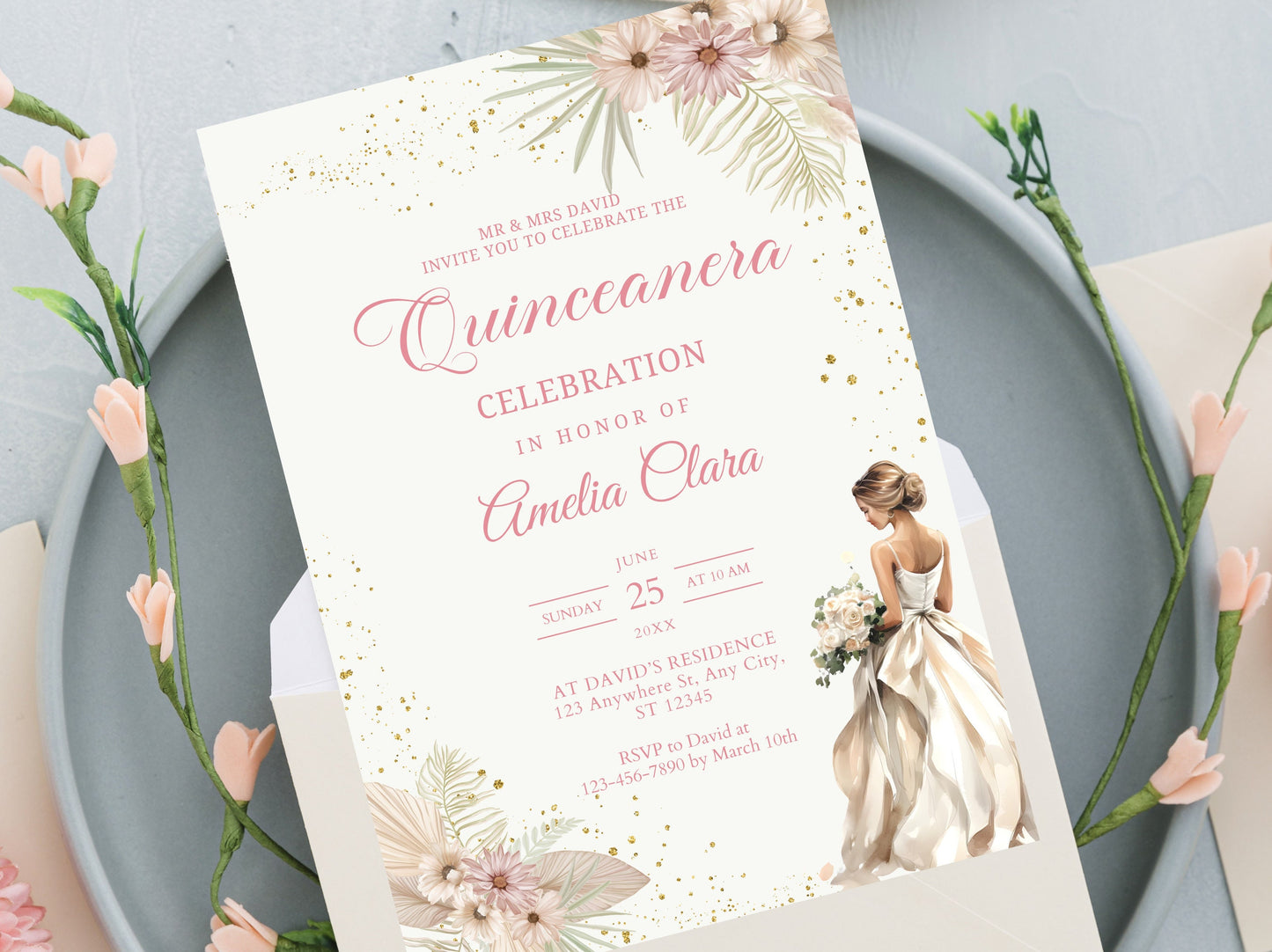 Blush Pink Floral Quinceanera Invitation, Gold Accents (Instant Download)