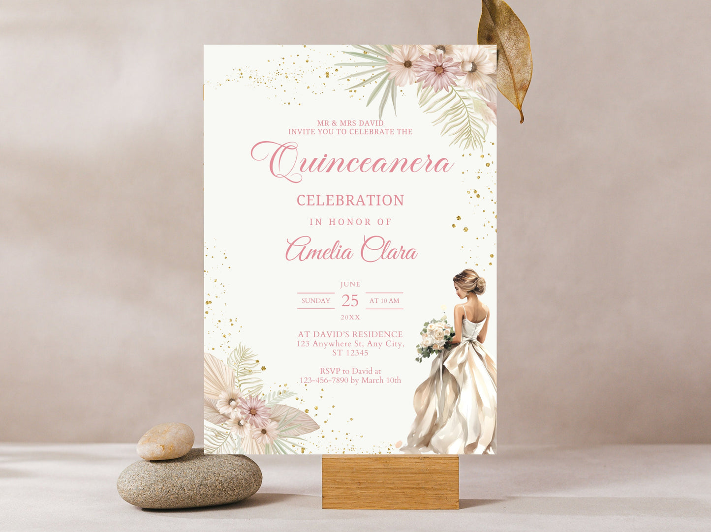 Blush Pink Floral Quinceanera Invitation, Gold Accents (Instant Download)