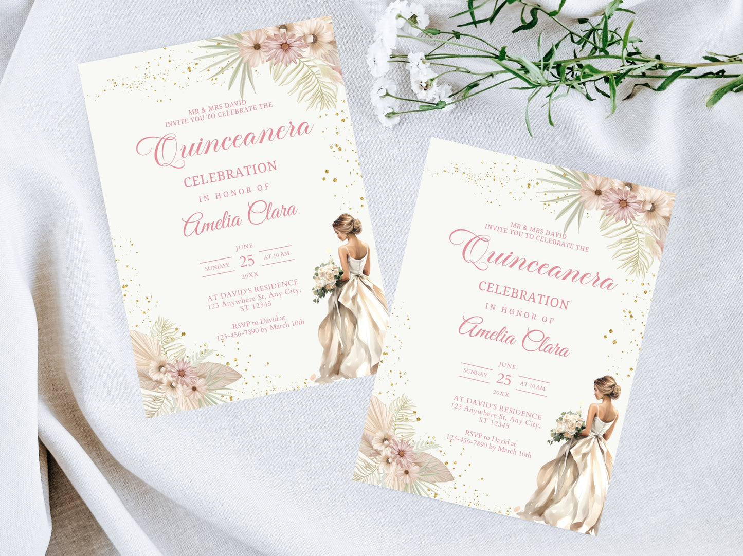 Blush Pink Floral Quinceanera Invitation, Gold Accents (Instant Download)