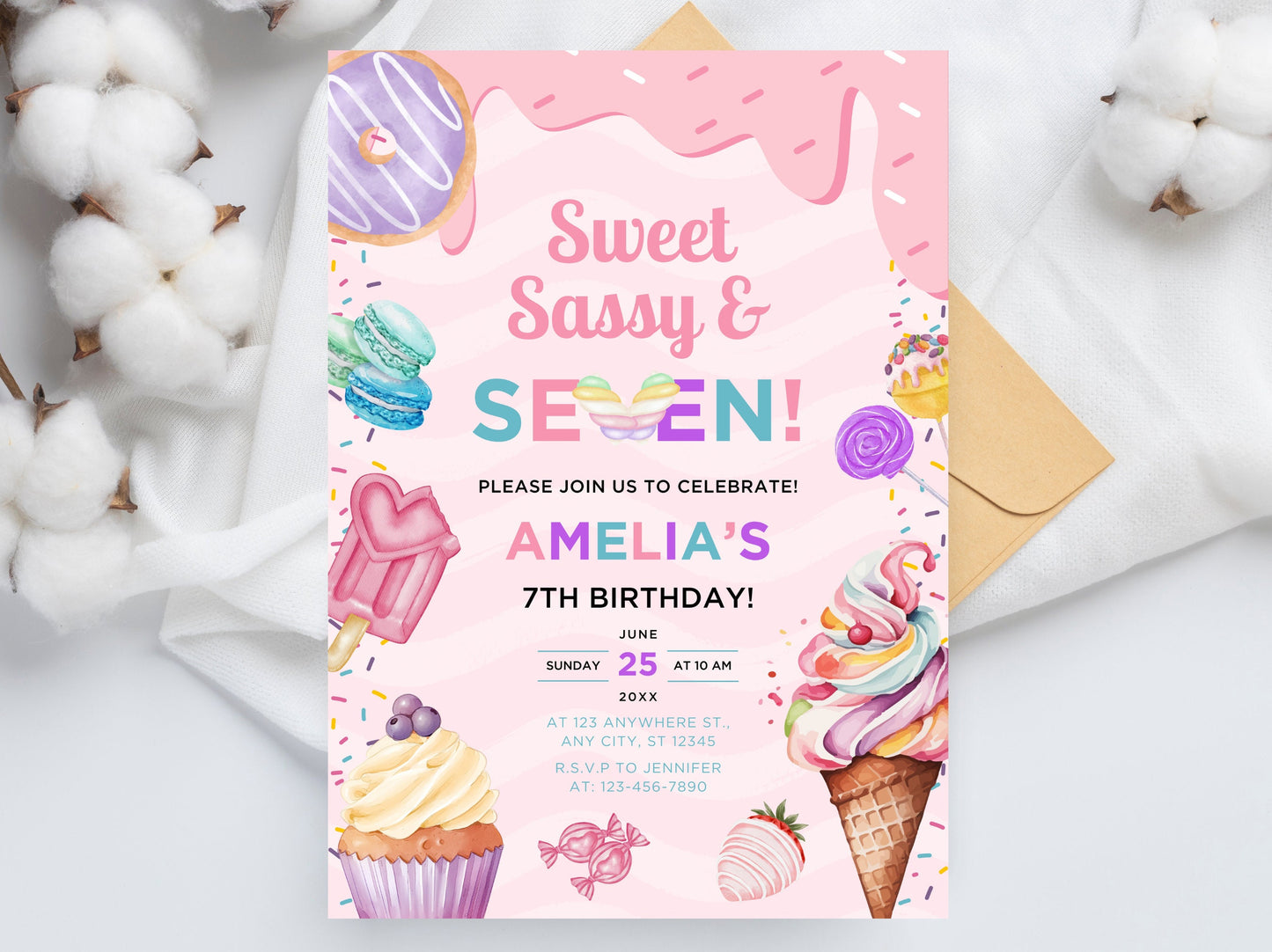 Sweet Sassy Seven Birthday Invitation, Ice Cream Party (Digital Download)