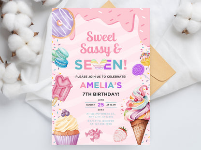 Sweet Sassy Seven Birthday Invitation, Ice Cream Party (Digital Download)