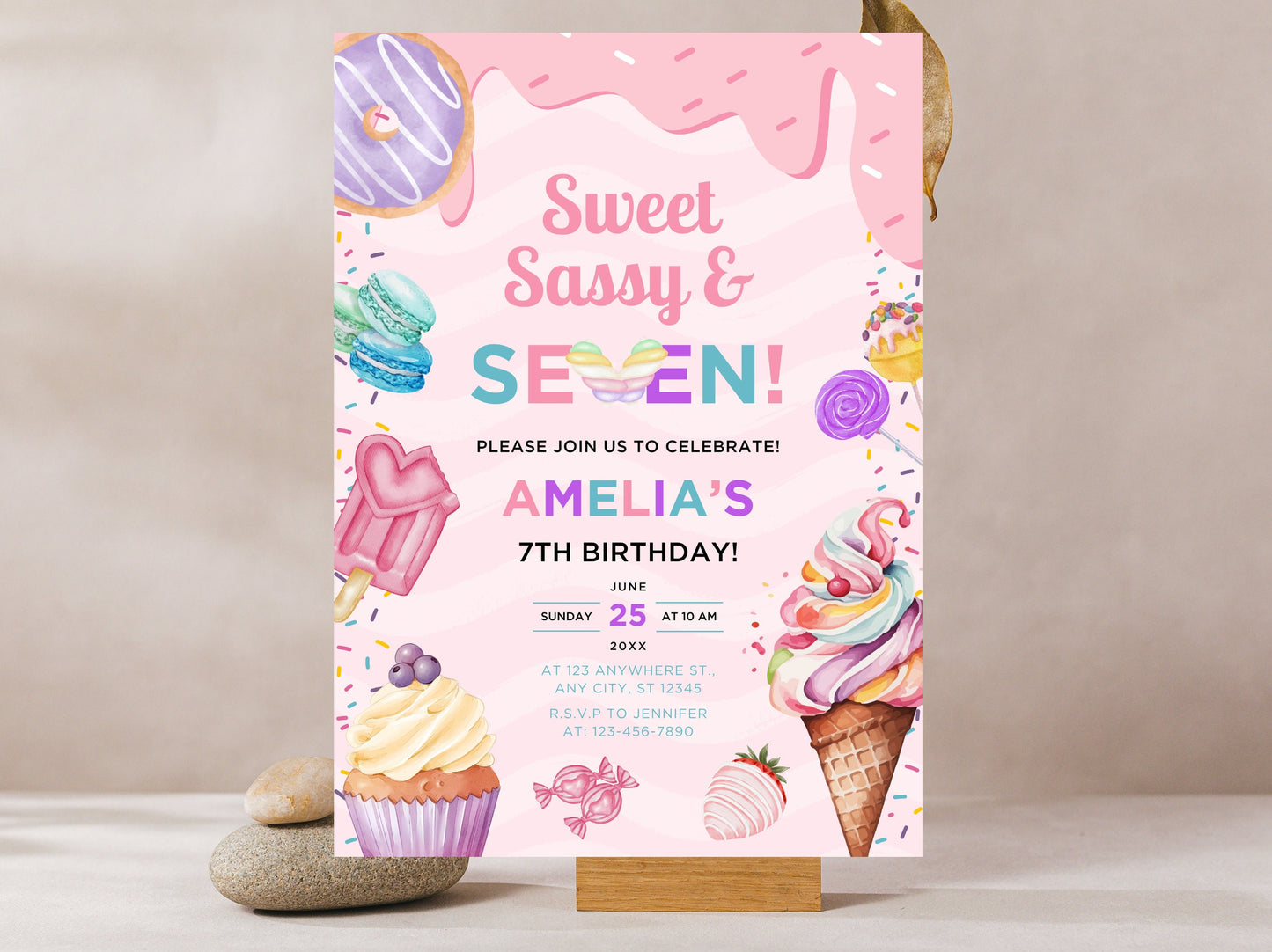 Sweet Sassy Seven Birthday Invitation, Ice Cream Party (Digital Download)