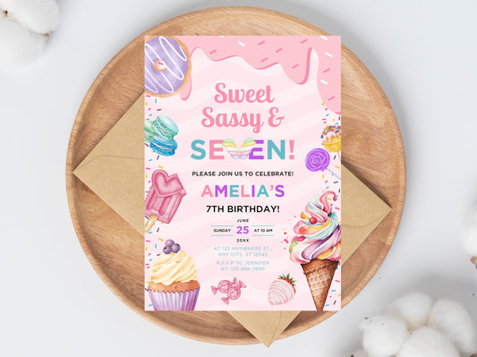 Sweet Sassy Seven Birthday Invitation, Ice Cream Party (Digital Download)
