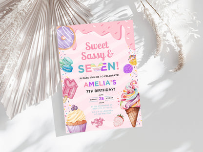 Sweet Sassy Seven Birthday Invitation, Ice Cream Party (Digital Download)