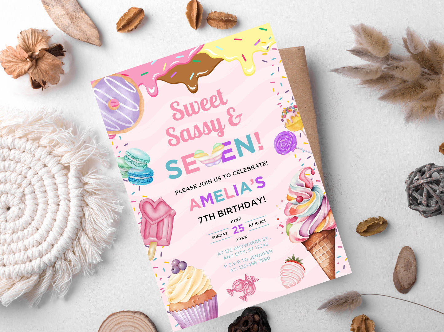 Editable Candy Ice Cream Birthday Invitation, Sweet Sassy Seven (Instant Download)