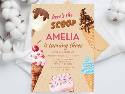 Ice Cream Birthday Invitation Template, Pink Mint Party (Digital Download)