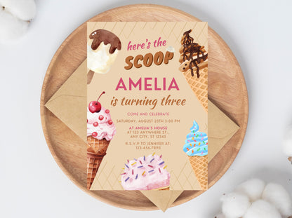 Ice Cream Birthday Invitation Template, Pink Mint Party (Digital Download)