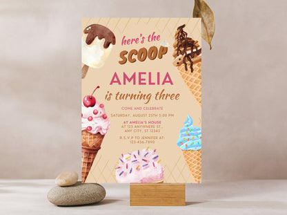 Ice Cream Birthday Invitation Template, Pink Mint Party (Digital Download)
