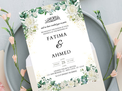 White Floral Muslim Wedding Invitation, Editable Nikah Template (Digital)