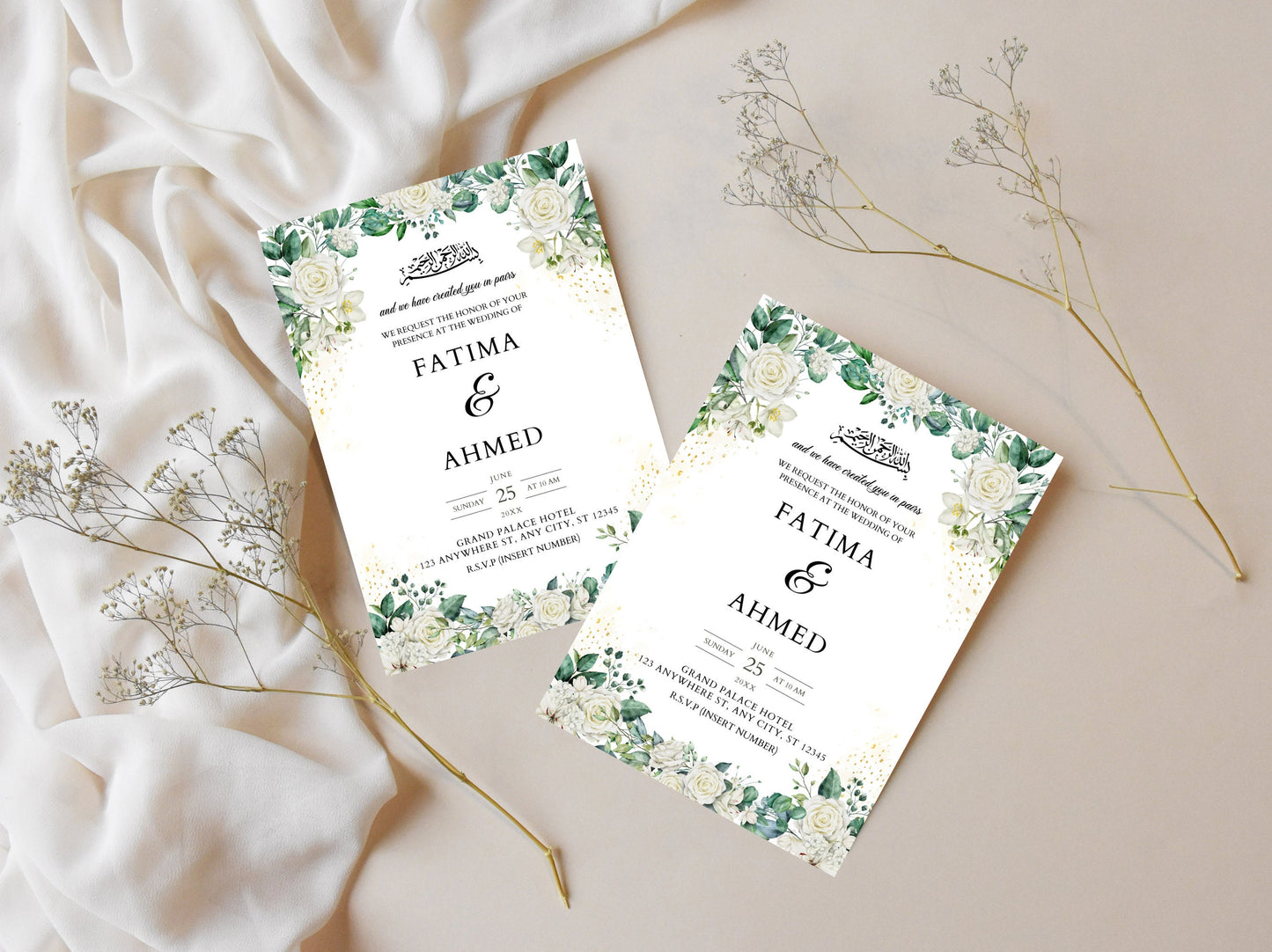 White Floral Muslim Wedding Invitation, Editable Nikah Template (Digital)
