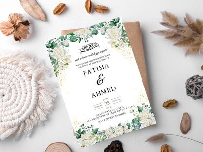 White Floral Muslim Wedding Invitation, Editable Nikah Template (Digital)