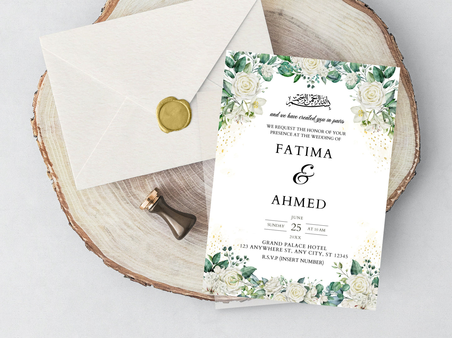 White Floral Muslim Wedding Invitation, Editable Nikah Template (Digital)