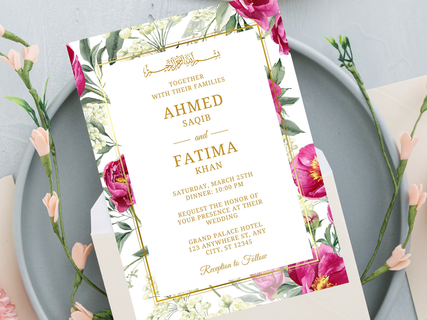 Bearbeitbare muslimische Hochzeitseinladung mit rosa Blumenmuster, Nikah-Vorlage (digital)