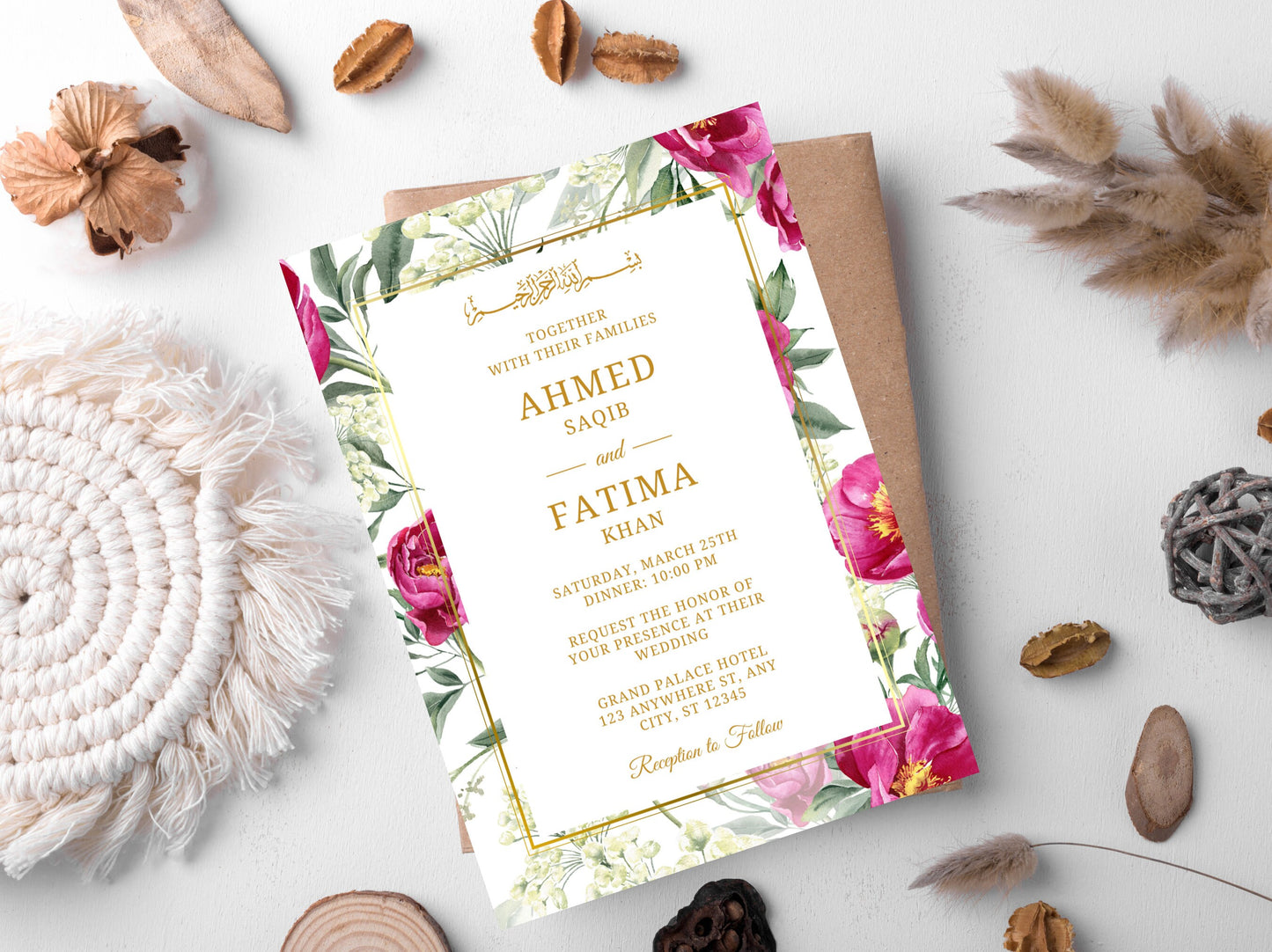 Bearbeitbare muslimische Hochzeitseinladung mit rosa Blumenmuster, Nikah-Vorlage (digital)