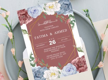 White Floral Muslim Wedding Invitation Template (Digital)