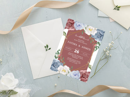 White Floral Muslim Wedding Invitation Template (Digital)