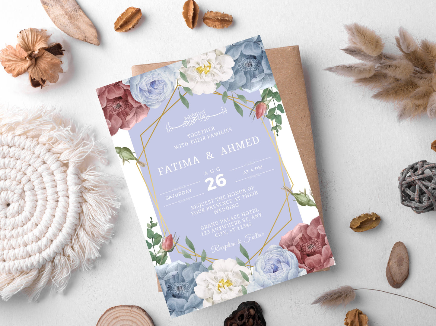 Editable Floral Muslim Wedding Invitation, Nikah Template (Digital)