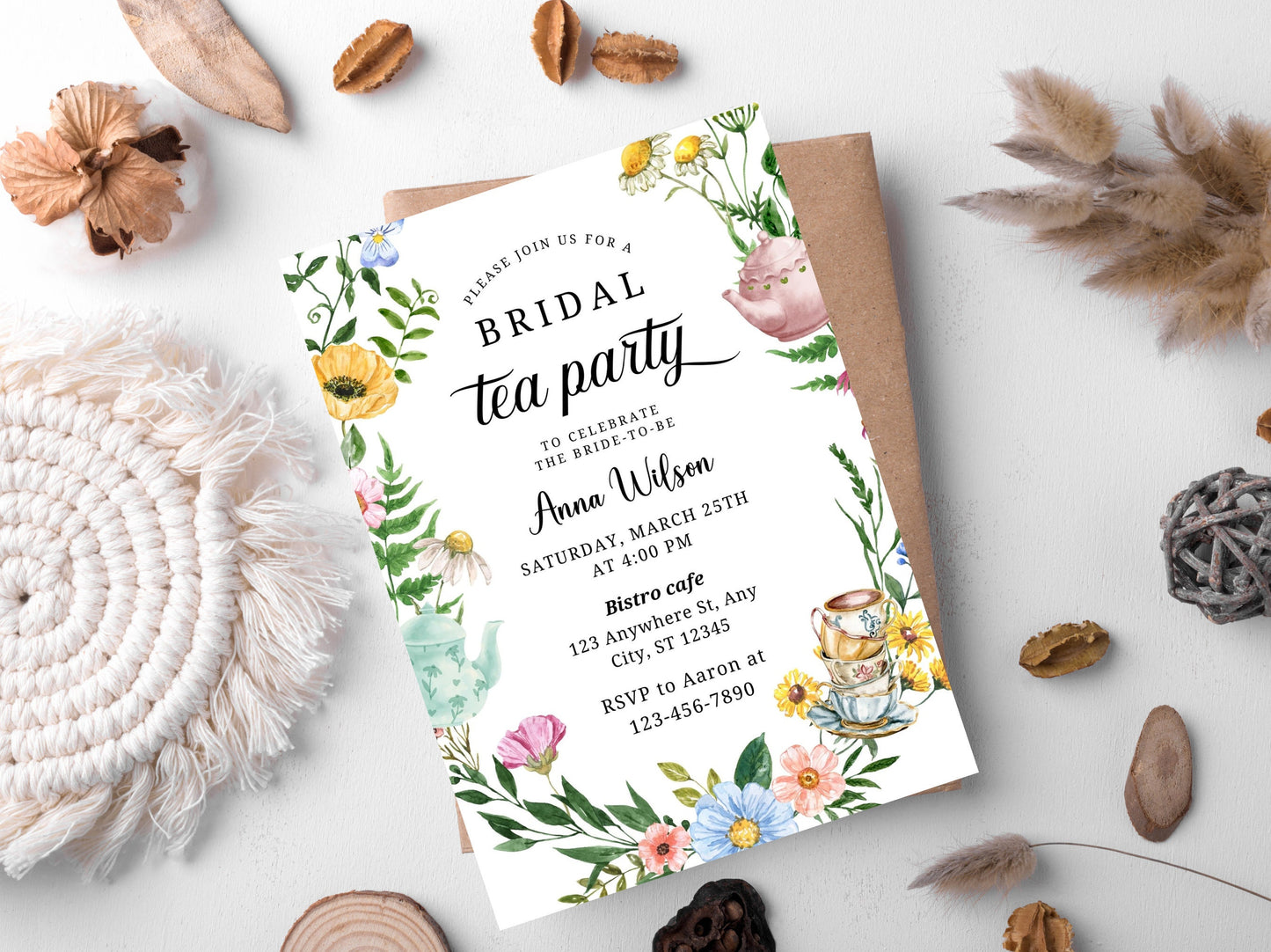 Wildflower Bridal Tea Party Invitation, Boho Floral (Canva Template)