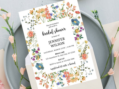 Wildflower Bridal Shower Invitation Template, Boho Floral Evite (PDF)