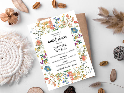 Wildflower Bridal Shower Invitation Template, Boho Floral Evite (PDF)