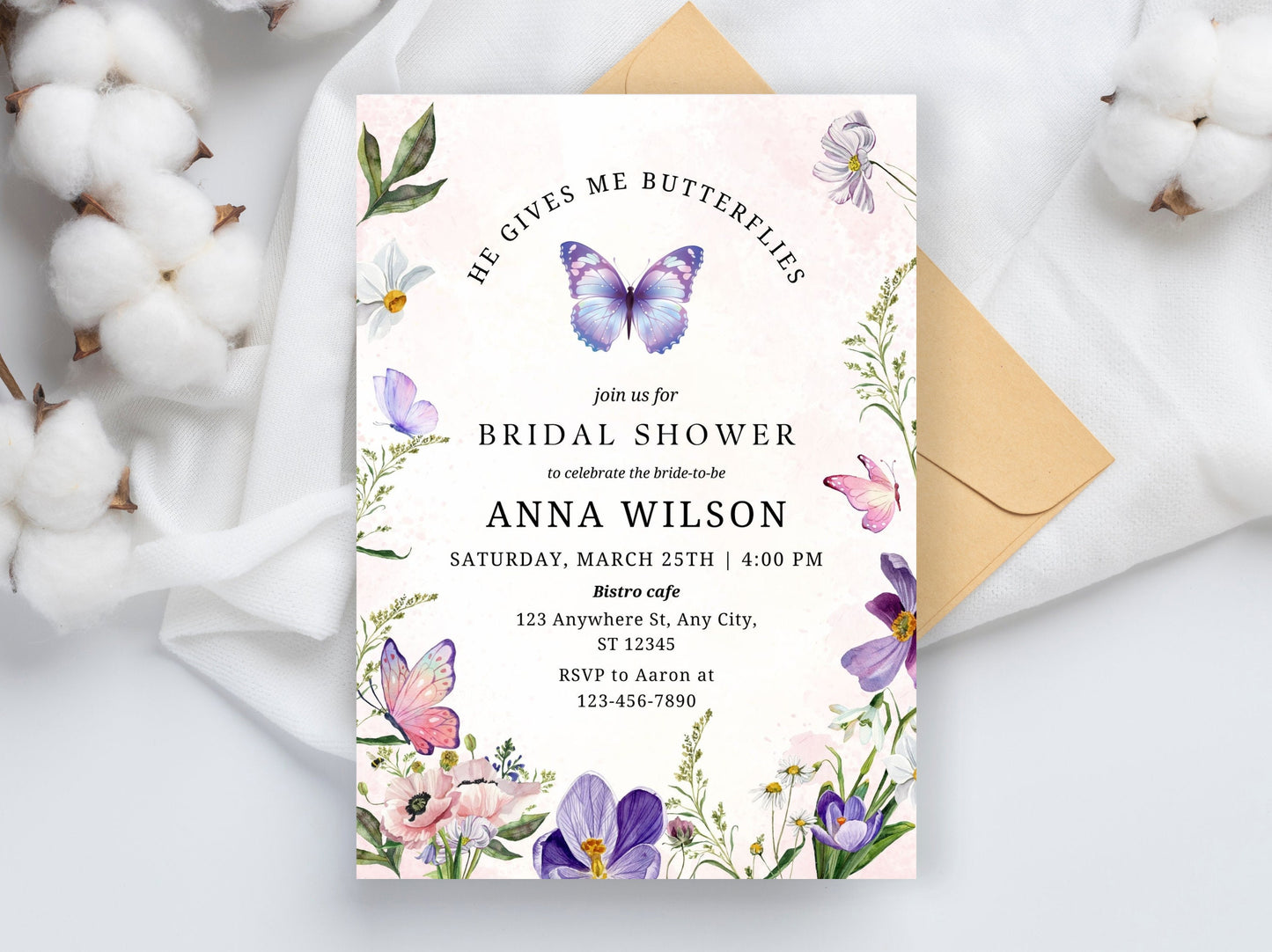 Wildflower Butterfly Bridal Shower Invitation Template (Digital Download)
