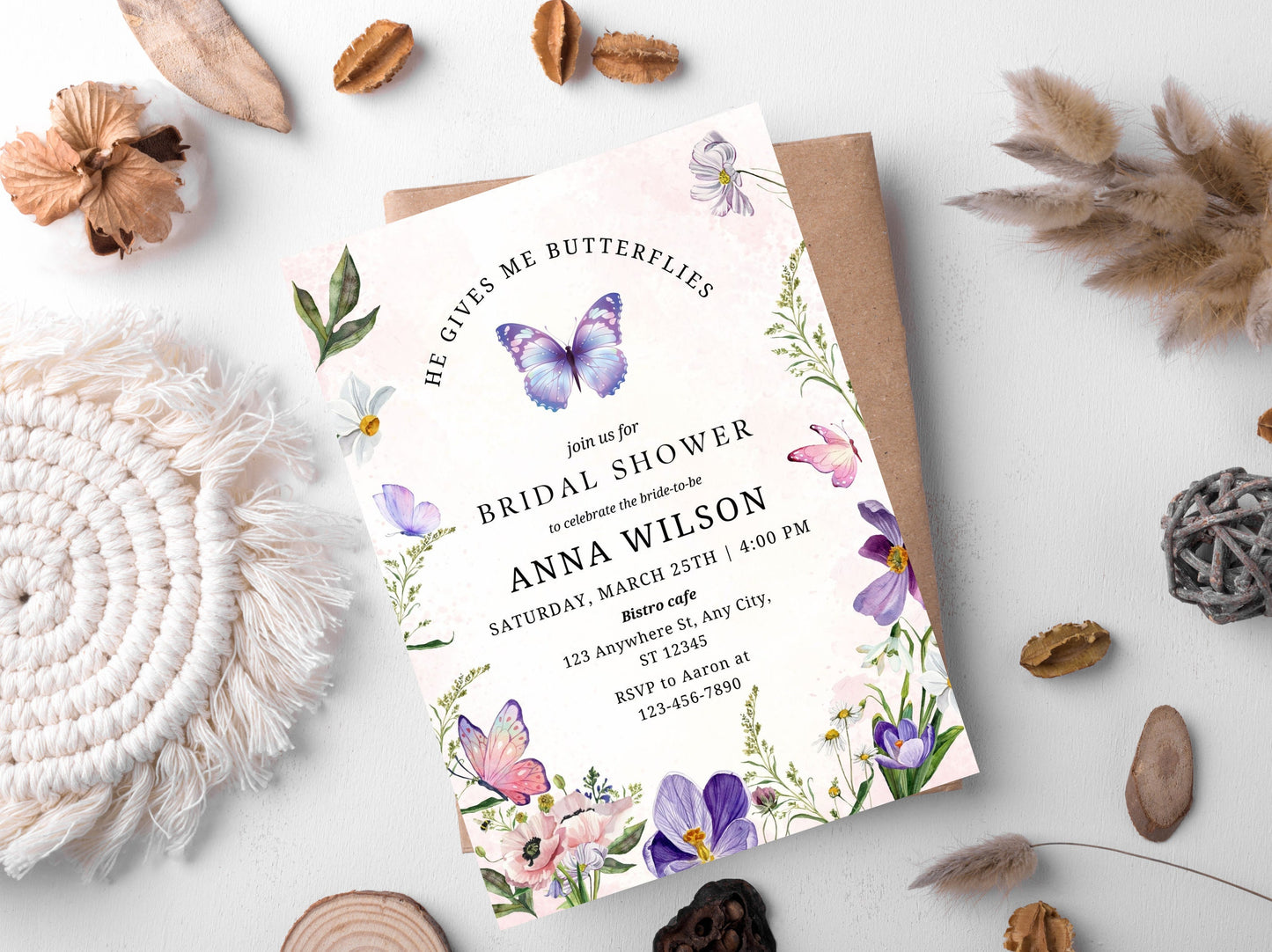 Wildflower Butterfly Bridal Shower Invitation Template (Digital Download)