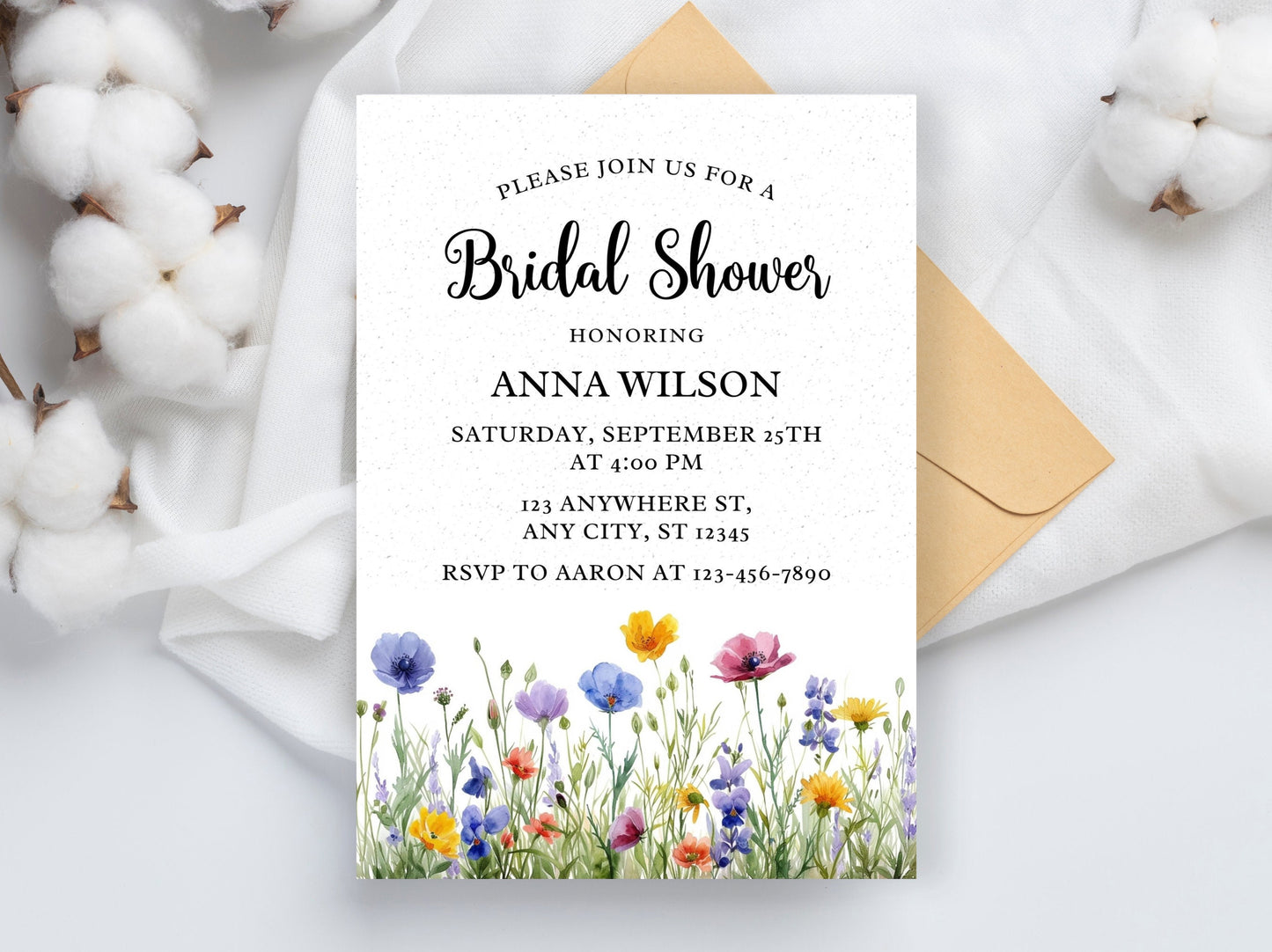 Wildflower Bridal Shower Invitation Template, Floral Spring Invite (Editable, Printable)