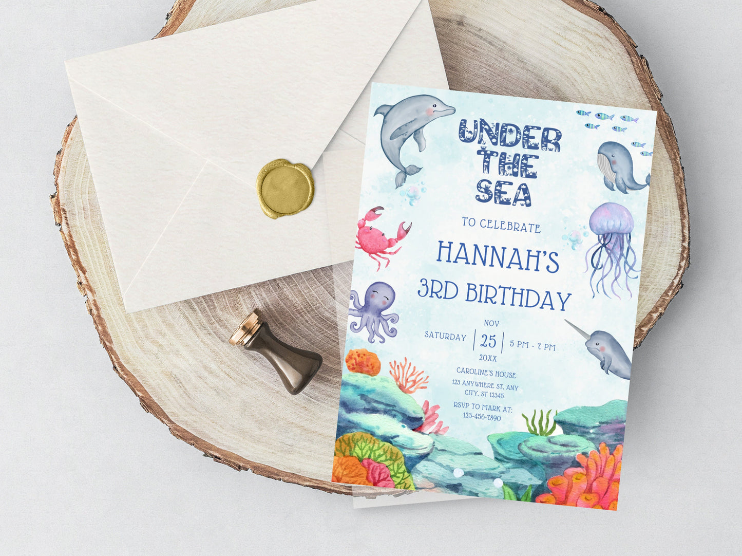 Under The Sea Birthday Invitation Template, Ocean Animals (Digital Download)