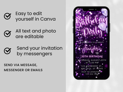 Glam Purple Glitter Birthday Animated Video Invitation Template (Instant Download)