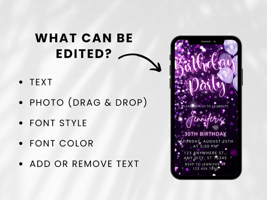 Glam Purple Glitter Birthday Animated Video Invitation Template (Instant Download)