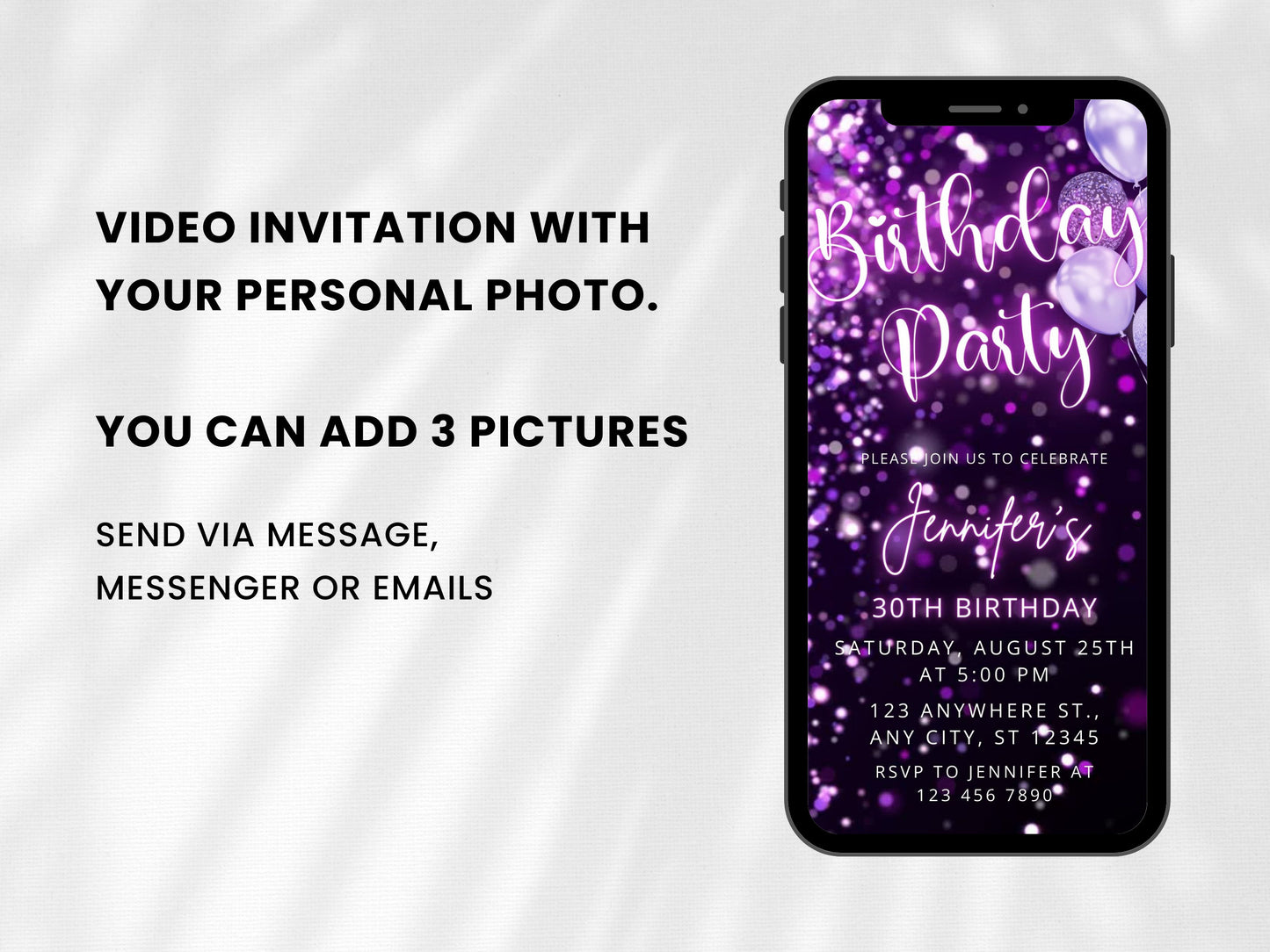 Glam Purple Glitter Birthday Animated Video Invitation Template (Instant Download)