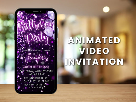 Glam Purple Glitter Birthday Animated Video Invitation Template (Instant Download)