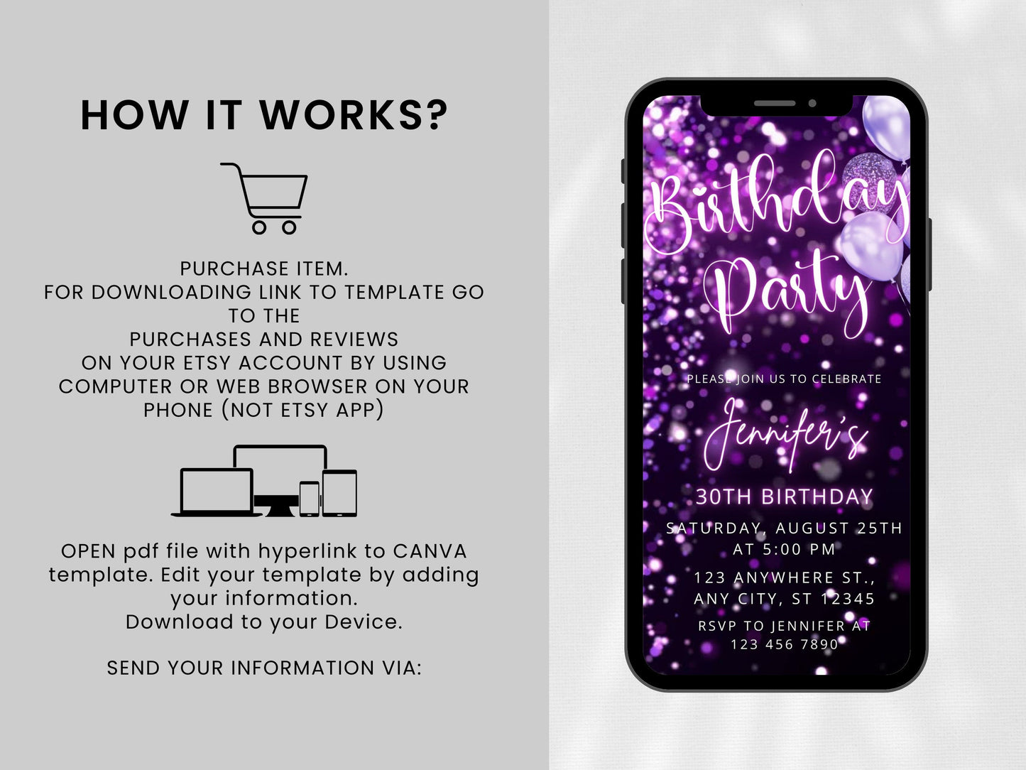 Glam Purple Glitter Birthday Animated Video Invitation Template (Instant Download)