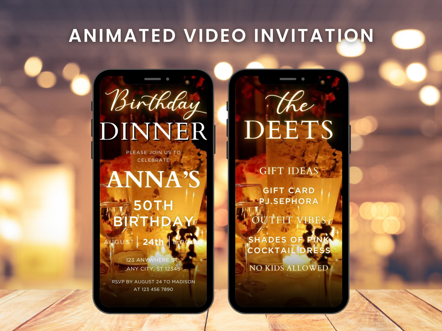 Animated Birthday Dinner Video Invitation Template, Black and Gold (Digital)