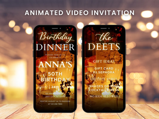 Animated Birthday Dinner Video Invitation Template, Black and Gold (Digital)