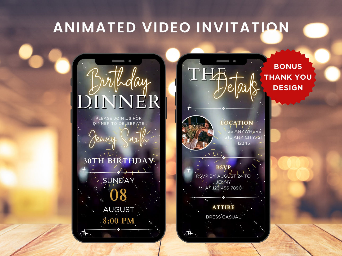 Animated Birthday Dinner Invitation Template, Editable Video Invite (Instant Download)
