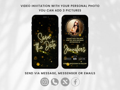 Animated Black and Gold Birthday Invitation Video (Digital Download)