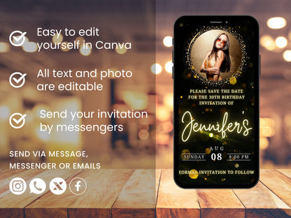 Animated Black and Gold Birthday Invitation Video (Digital Download)