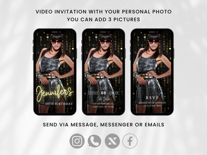 Black and Gold Animated Dinner Birthday Invitation Template (MP4 Digital Download)