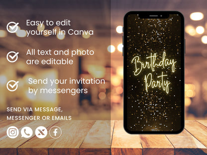 Black and Gold Animated Dinner Birthday Invitation Template (MP4 Digital Download)