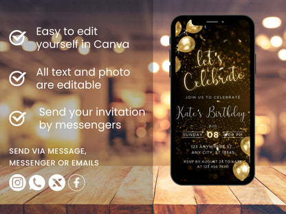 Animated Black and Gold Birthday Dinner Invitation Template (MP4 Video)