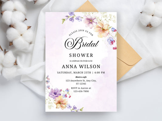 Wildflower Bridal Shower Invitation Template, Editable Floral Invite (Instant Download)