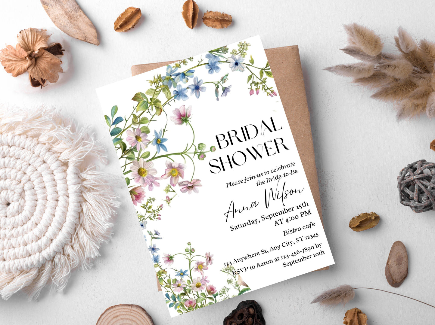 Wildflower Bridal Shower Invitation Template, Editable Floral Invite (Digital Download)